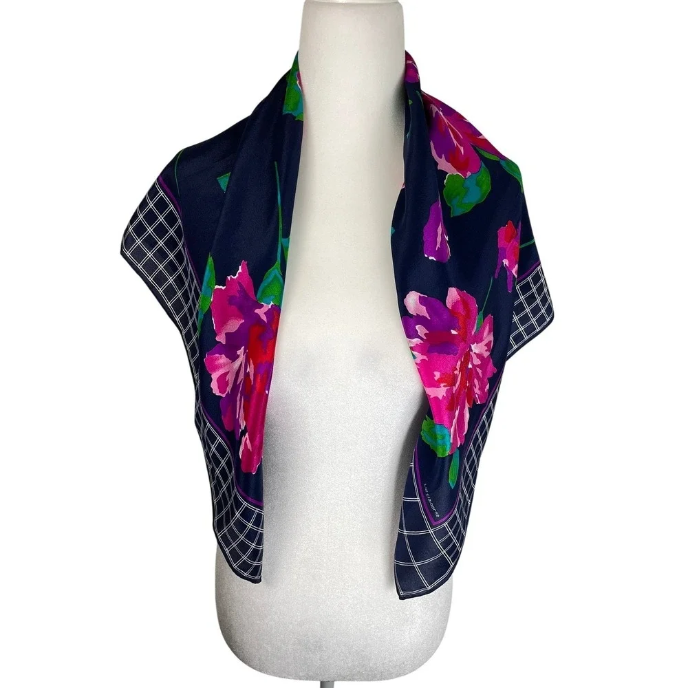 Liz Claiborne Vintage 100% Silk Scarf Navy Blue Pink Floral Windowpane Japan 31